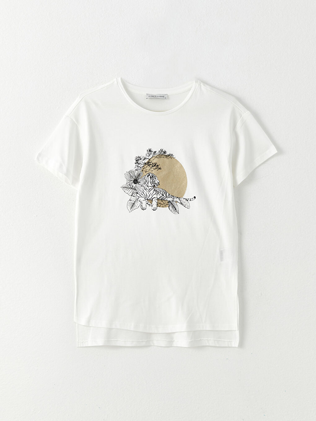 Ekru Bisiklet Yaka Baskılı Kısa Kollu Pamuklu Kadın Tişört-5