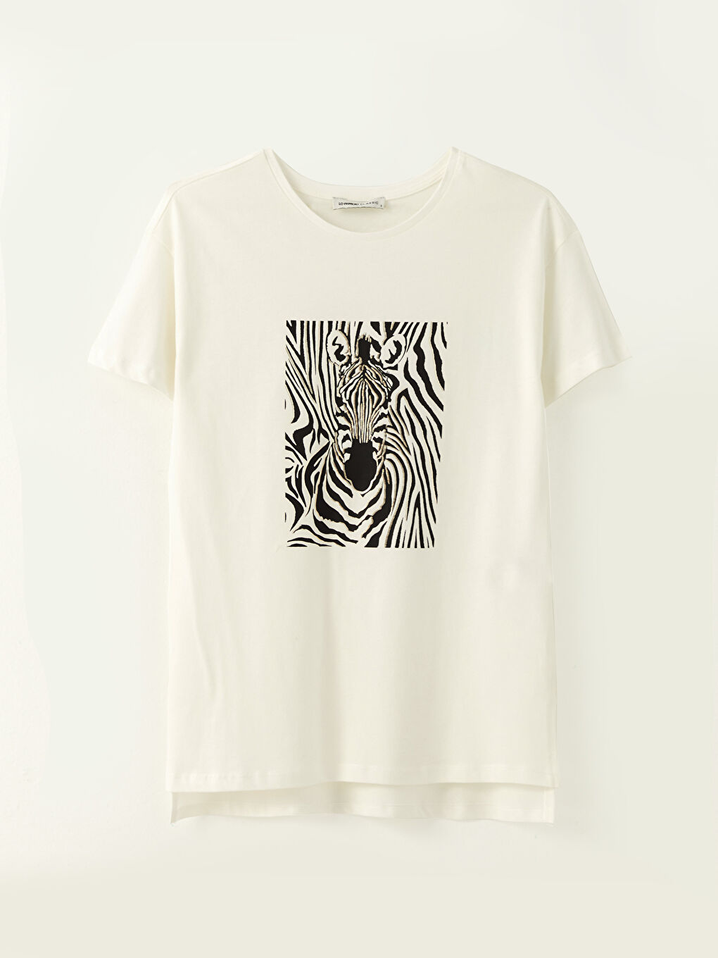 Ekru Bisiklet Yaka Baskılı Kısa Kollu Pamuklu Kadın Tişört-5