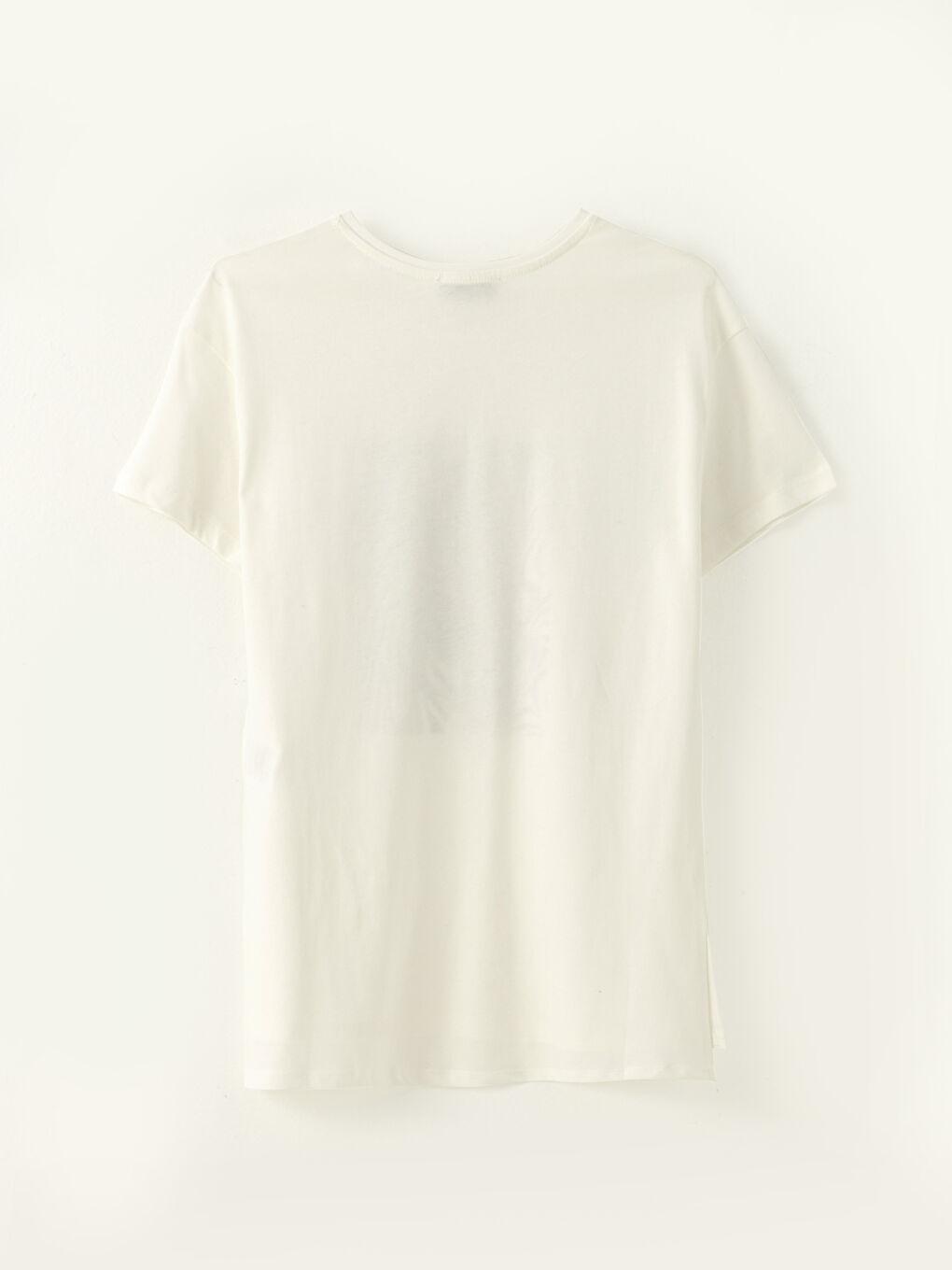 Ekru Bisiklet Yaka Baskılı Kısa Kollu Pamuklu Kadın Tişört-6