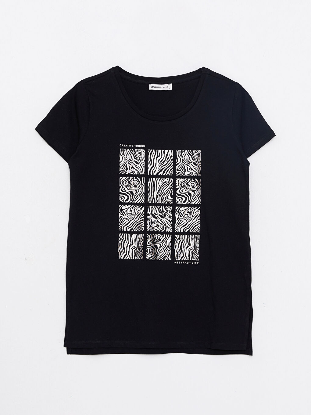 Siyah Bisiklet Yaka Baskılı Kısa Kollu Pamuklu Kadın Tişört-5