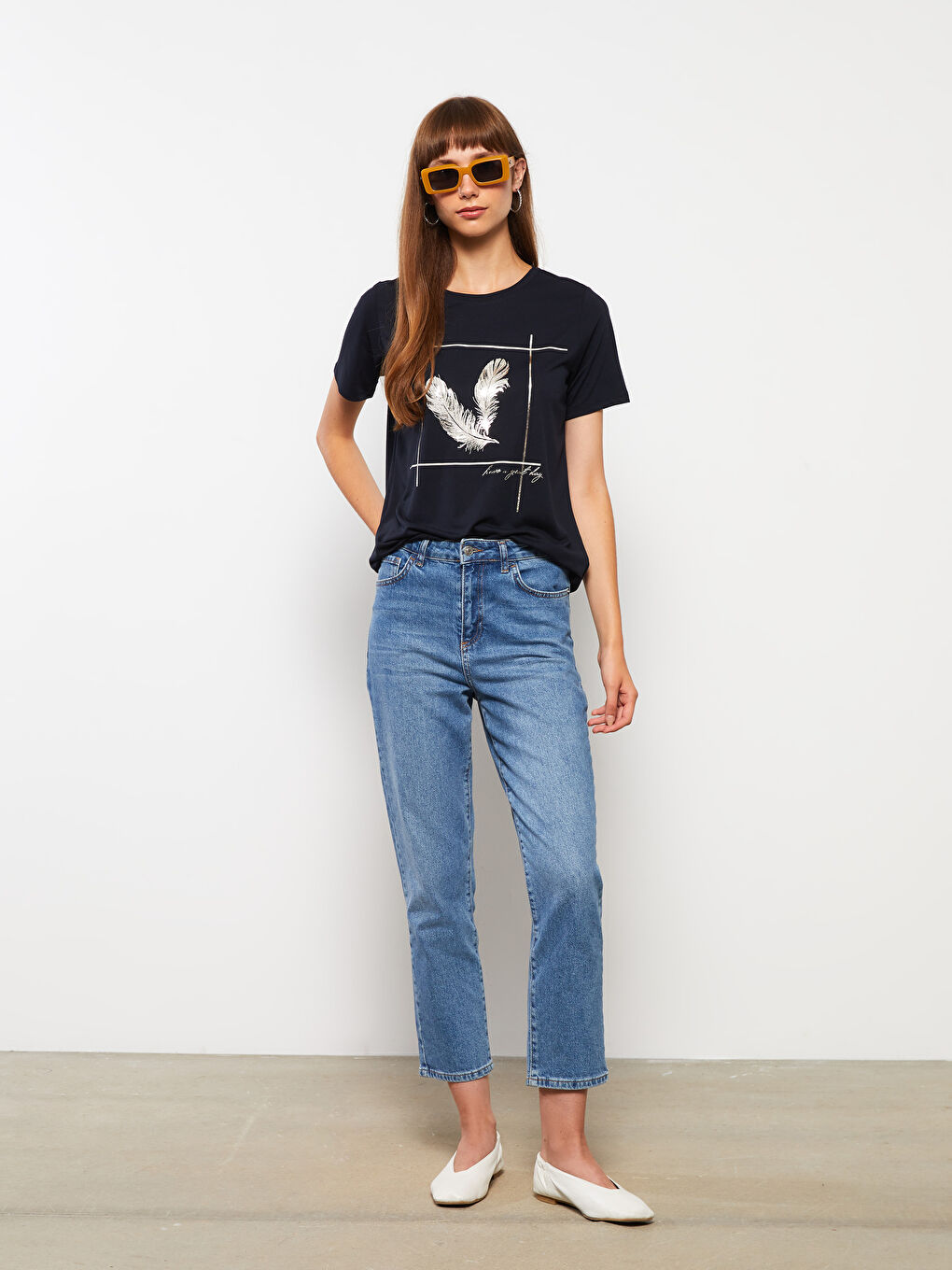 Lacivert Bisiklet Yaka Baskılı Kısa Kollu Kadın Tişört-2