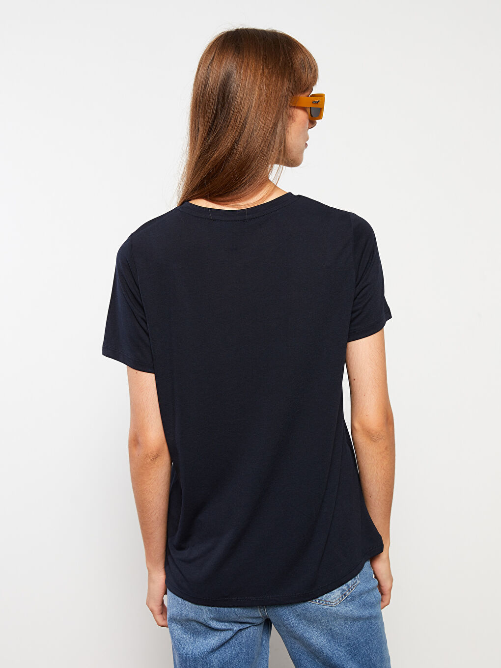 Lacivert Bisiklet Yaka Baskılı Kısa Kollu Kadın Tişört-4