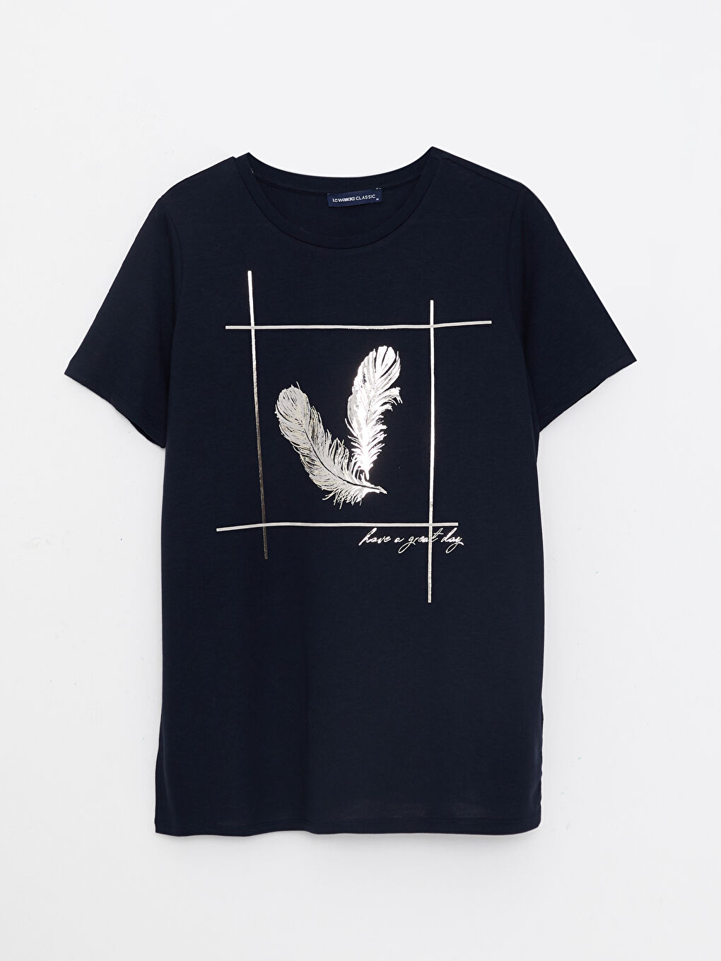 Lacivert Bisiklet Yaka Baskılı Kısa Kollu Kadın Tişört-5