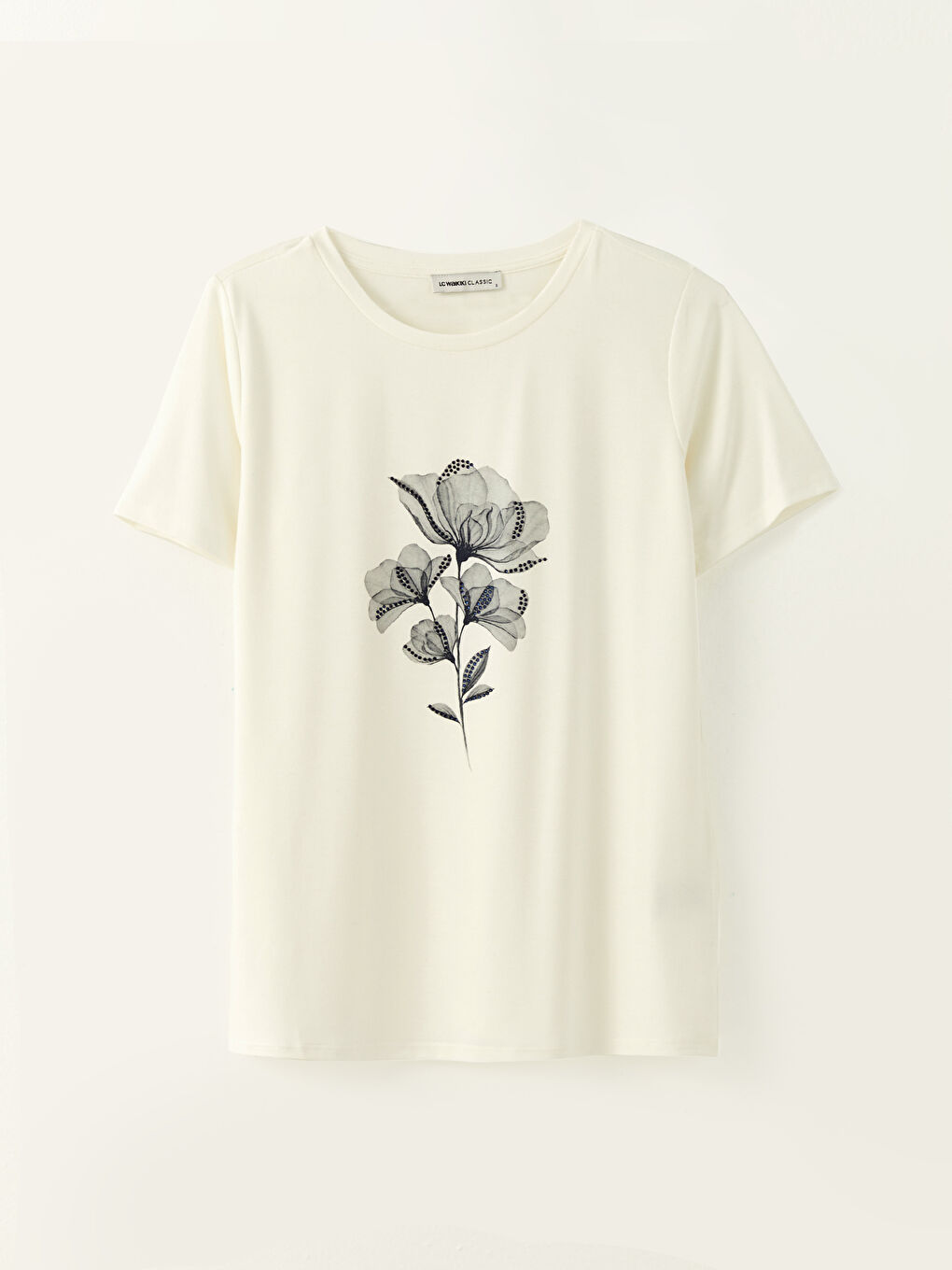 Ekru Bisiklet Yaka Baskılı Kısa Kollu Kadın Tişört-4