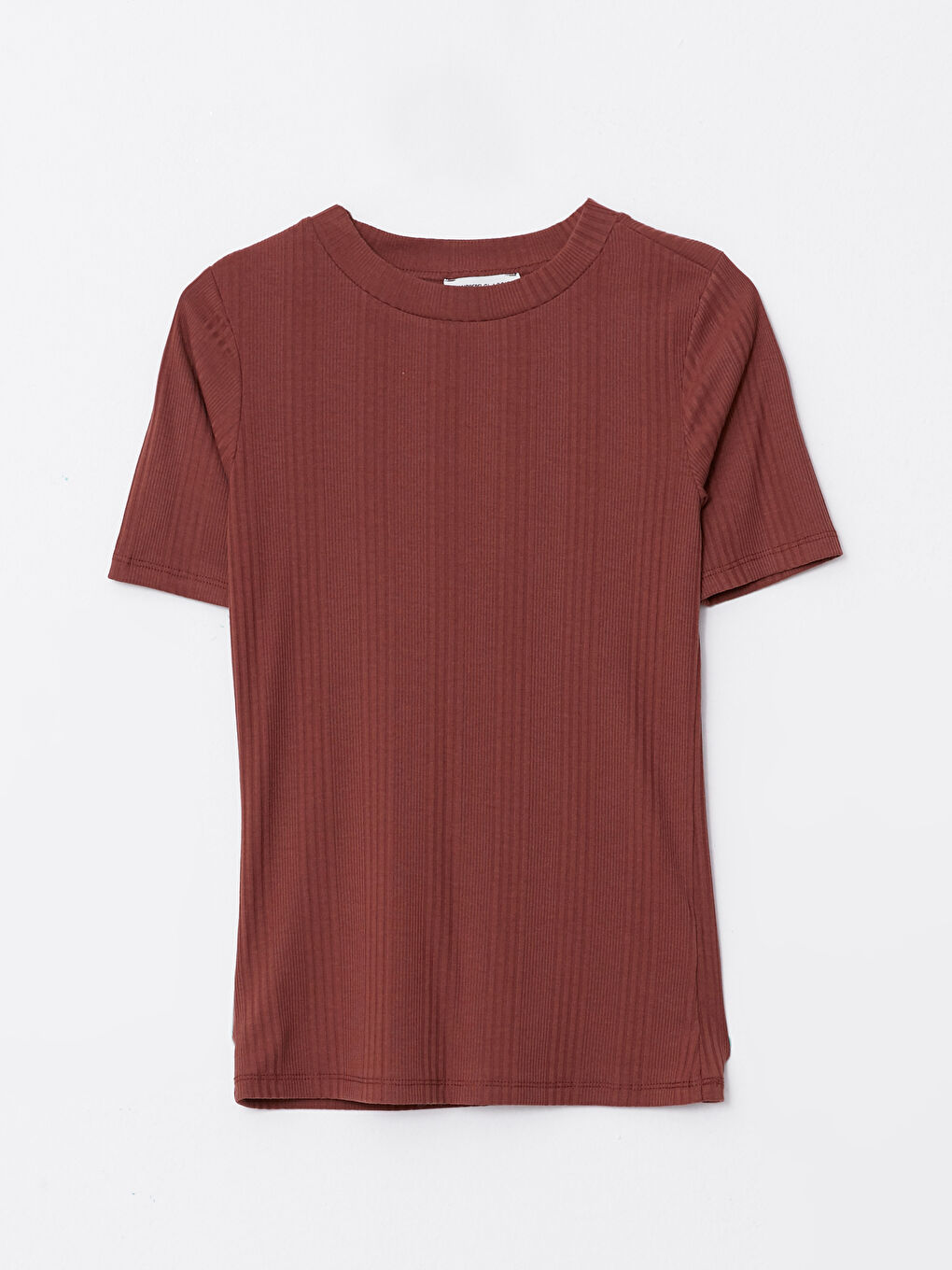 Kahverengi Bisiklet Yaka Düz Kısa Kollu Kadın Tişört-5