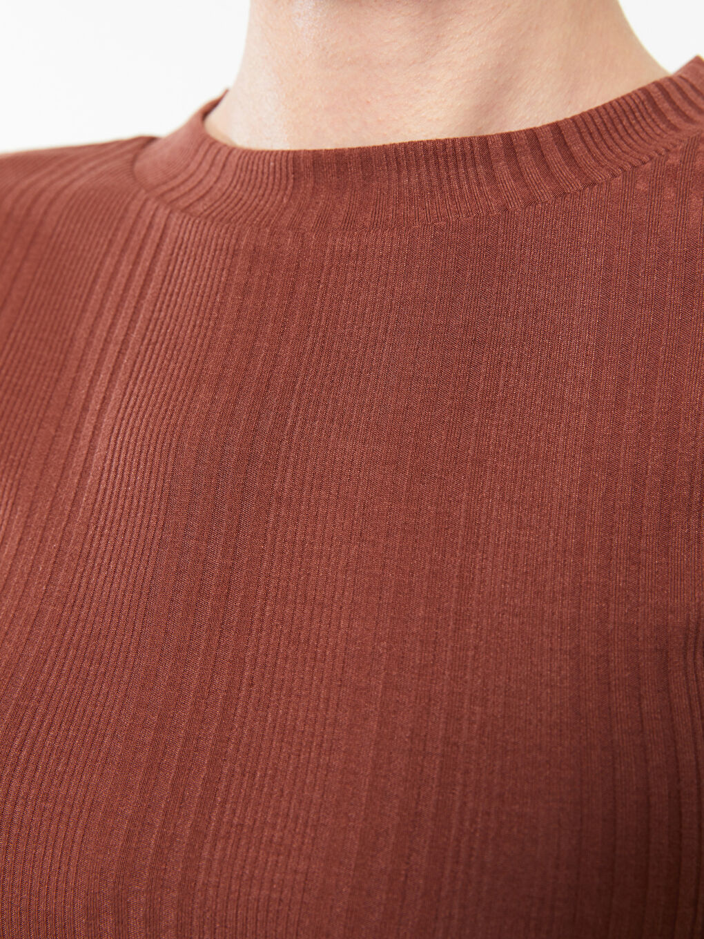 Kahverengi Bisiklet Yaka Düz Kısa Kollu Kadın Tişört-3