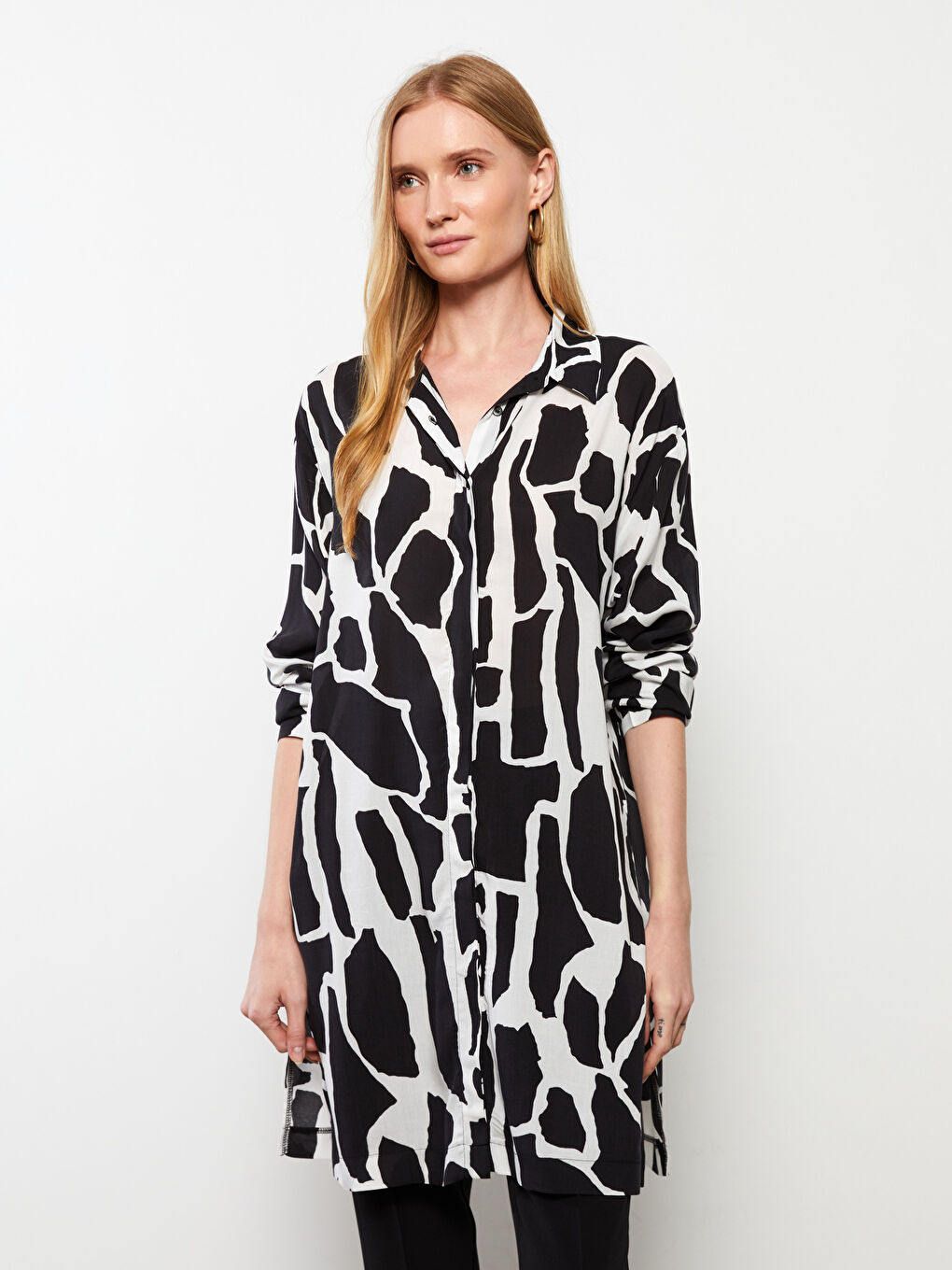 Patterned Long Sleeve Viscose Women's Shirt Tunic-2