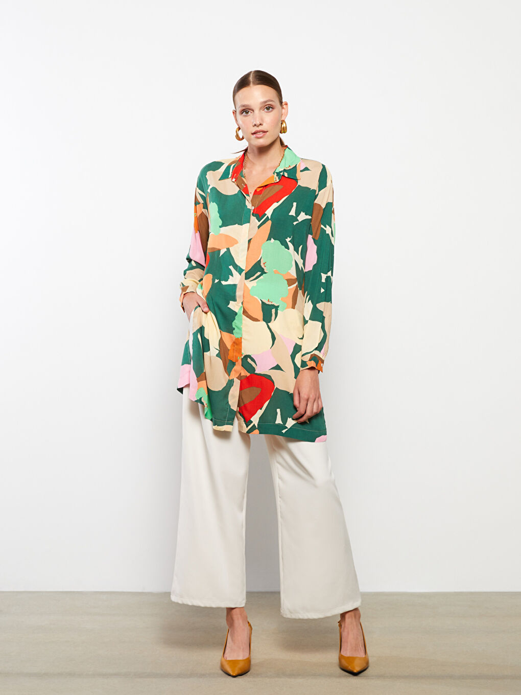 Karışık Desenli Uzun Kollu Viskon Kadın Gömlek Tunik