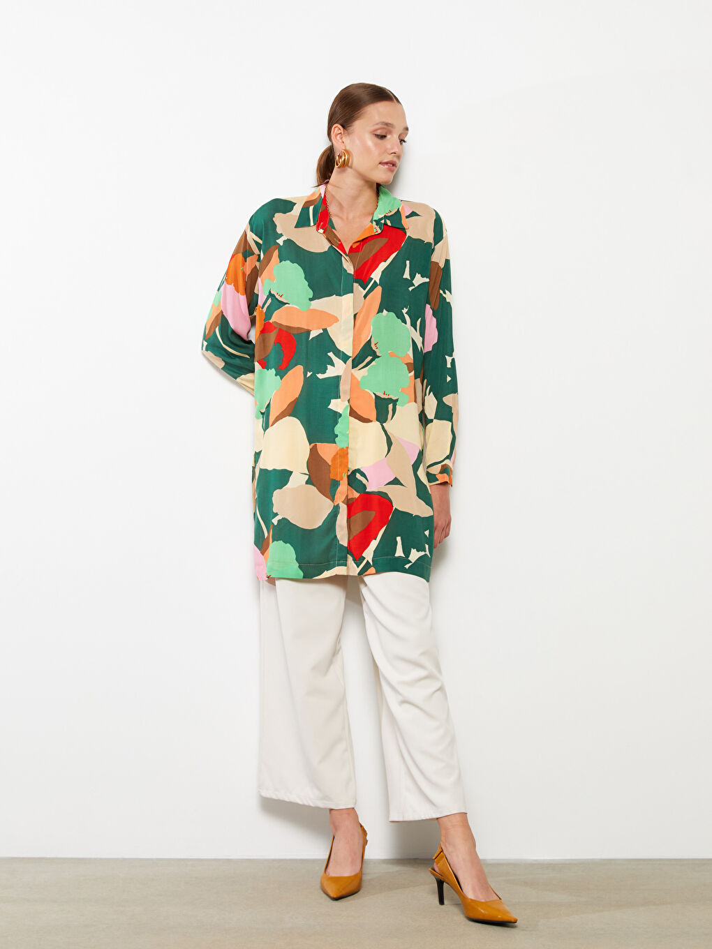 Karışık Desenli Uzun Kollu Viskon Kadın Gömlek Tunik-1