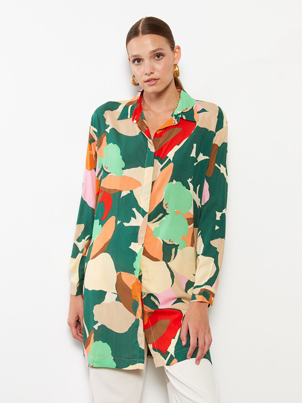 Karışık Desenli Uzun Kollu Viskon Kadın Gömlek Tunik-2