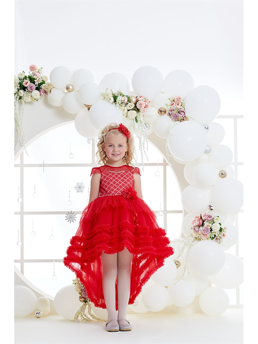 Kırmızı Bisiklet Yaka Kısa Kollu Kız Çocuk Tütü Elbise ve Taç