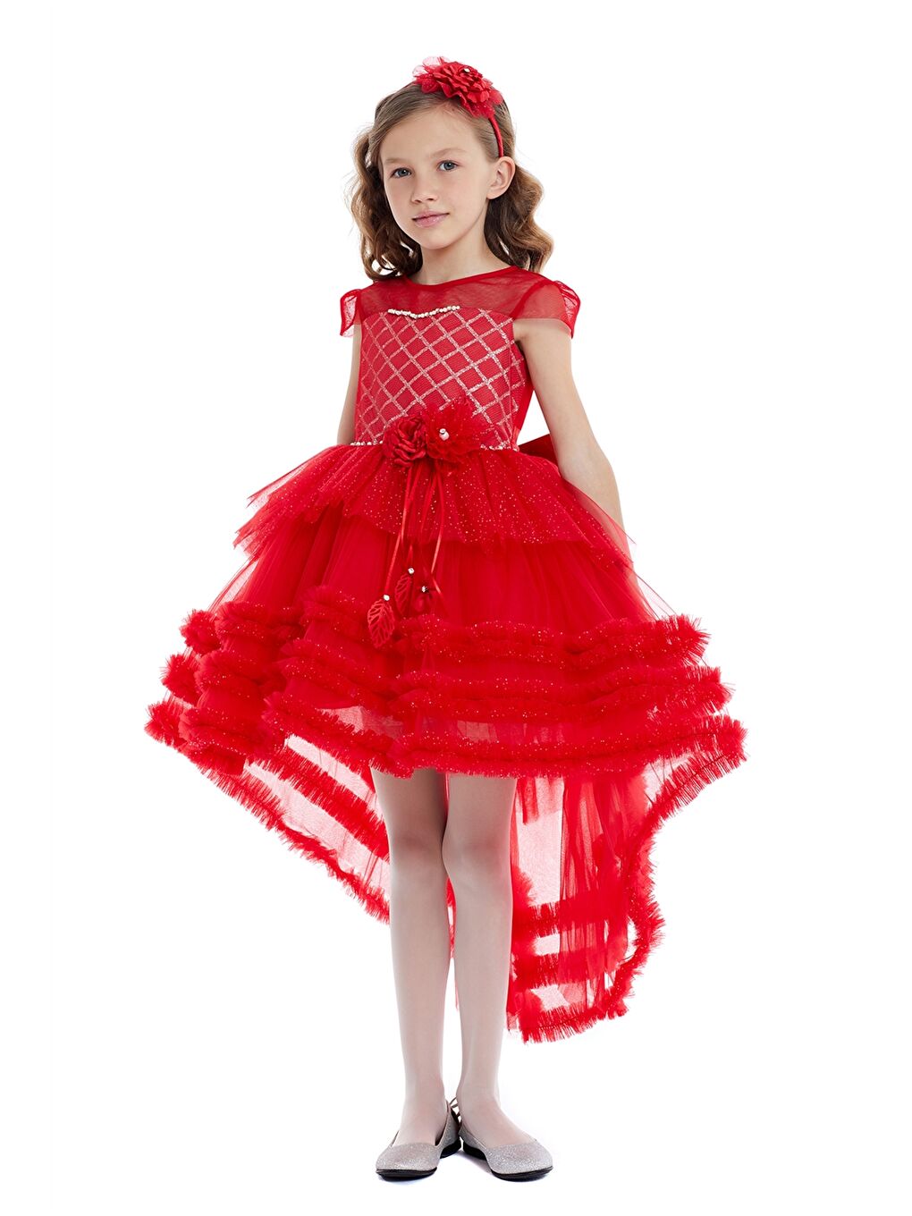 Kırmızı Bisiklet Yaka Kısa Kollu Kız Çocuk Tütü Elbise ve Taç-1
