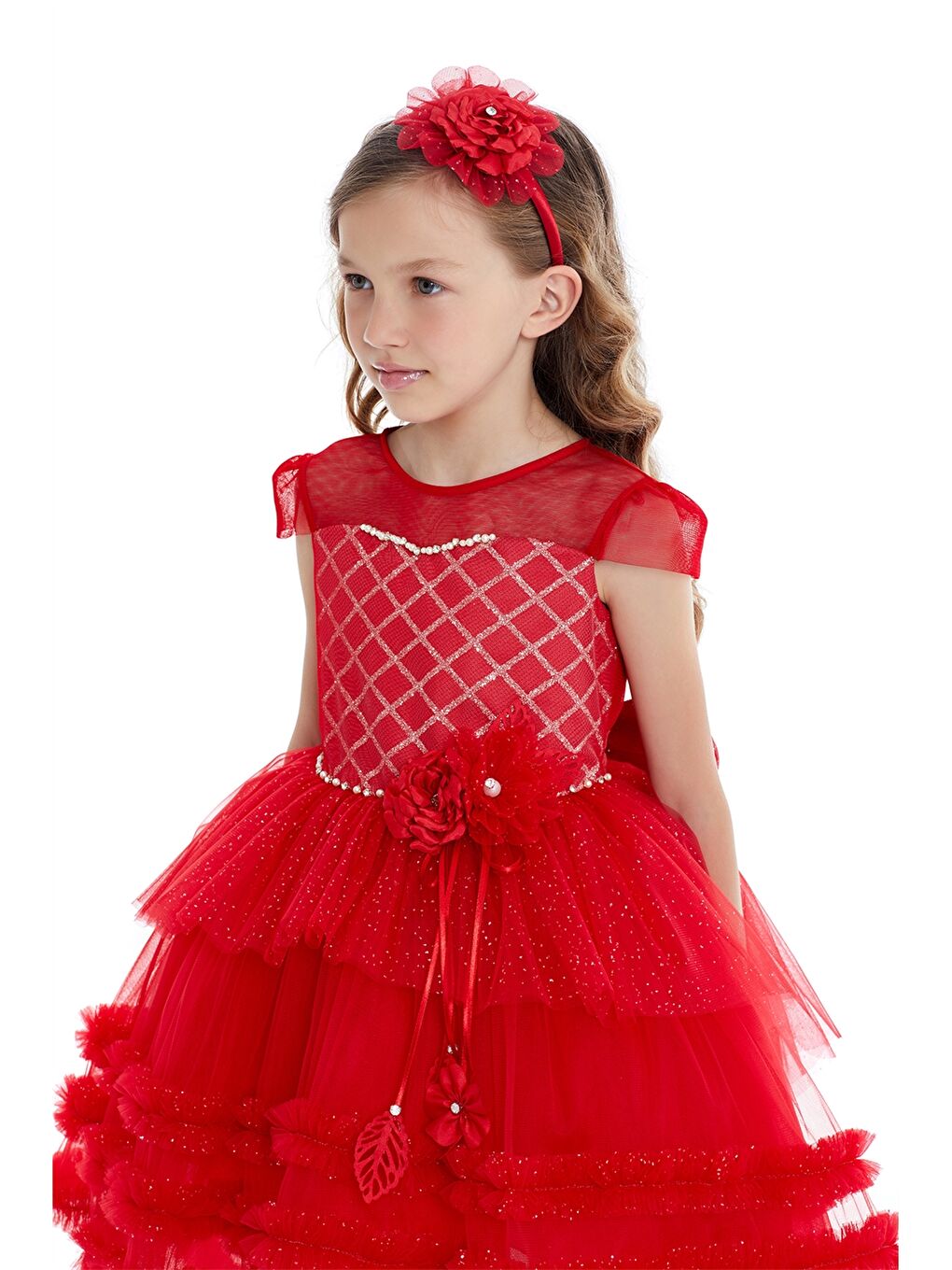 Kırmızı Bisiklet Yaka Kısa Kollu Kız Çocuk Tütü Elbise ve Taç-2