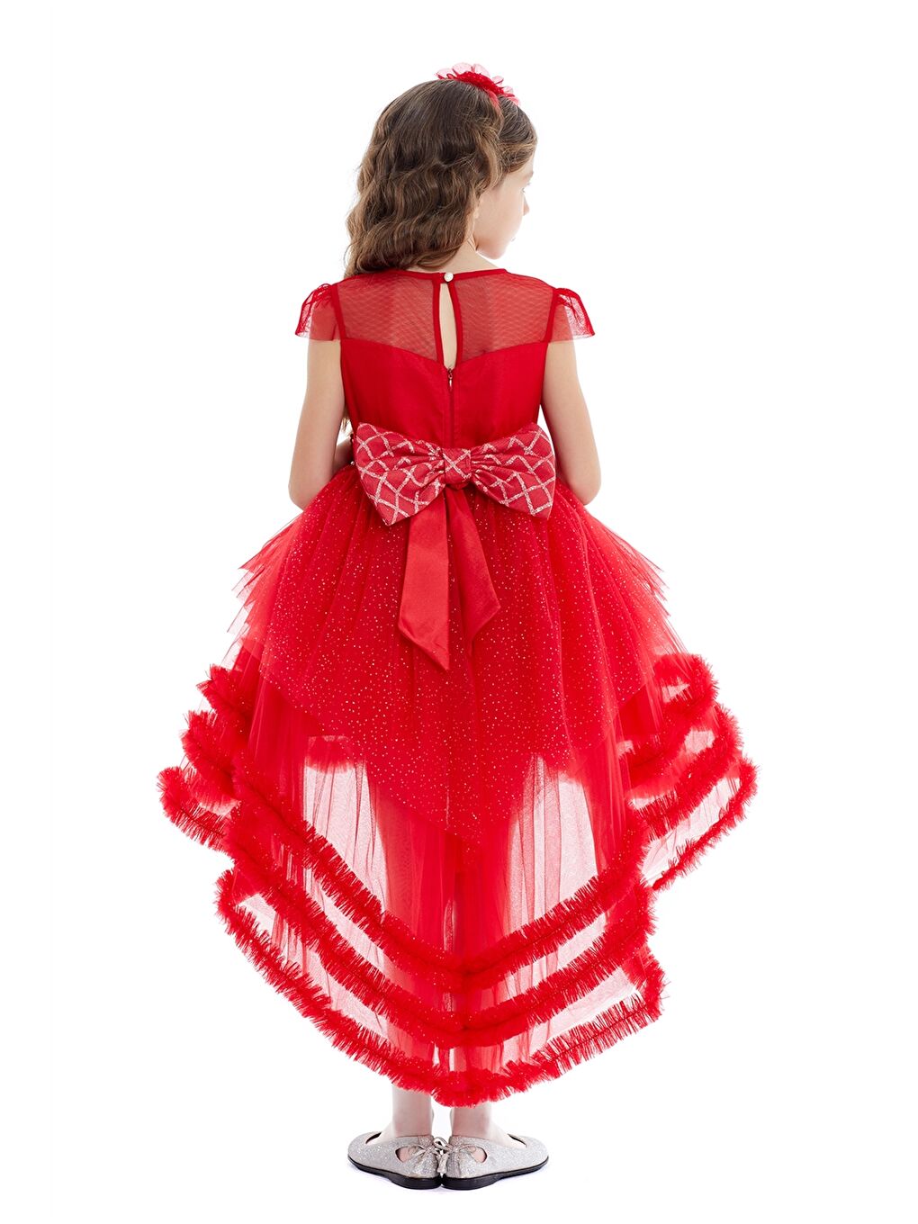 Kırmızı Bisiklet Yaka Kısa Kollu Kız Çocuk Tütü Elbise ve Taç-3