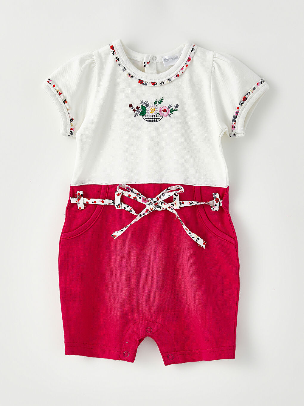 Pembe Bisiklet Yaka Kısa Kollu Baskılı Kız Bebek Tulum