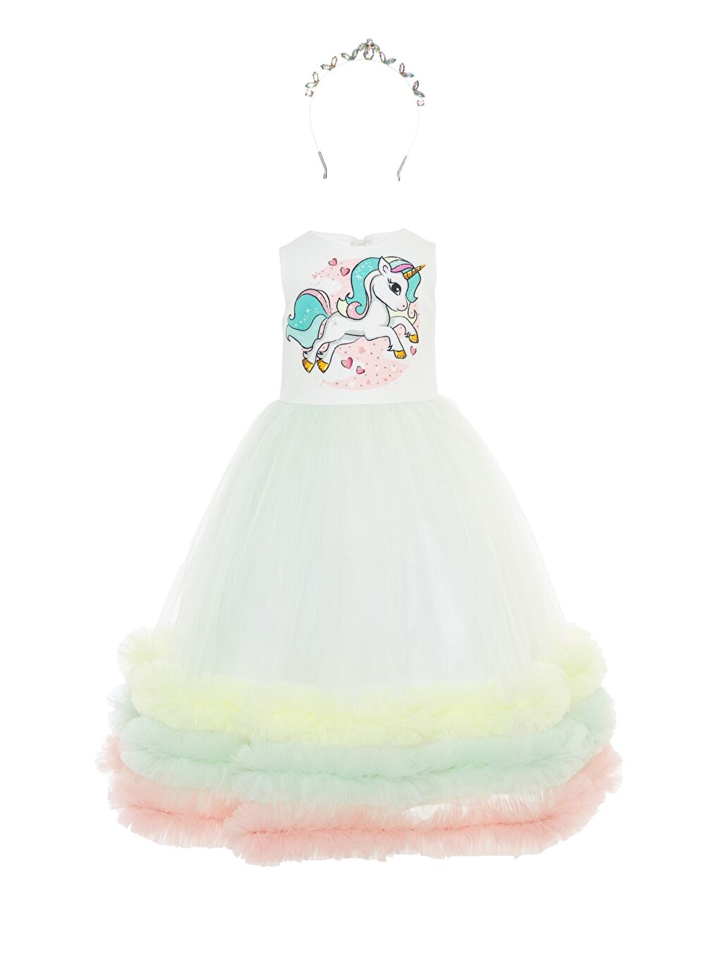 Yeşil Bisiklet Yaka Baskılı Kız Bebek Tül Detaylı Elbise