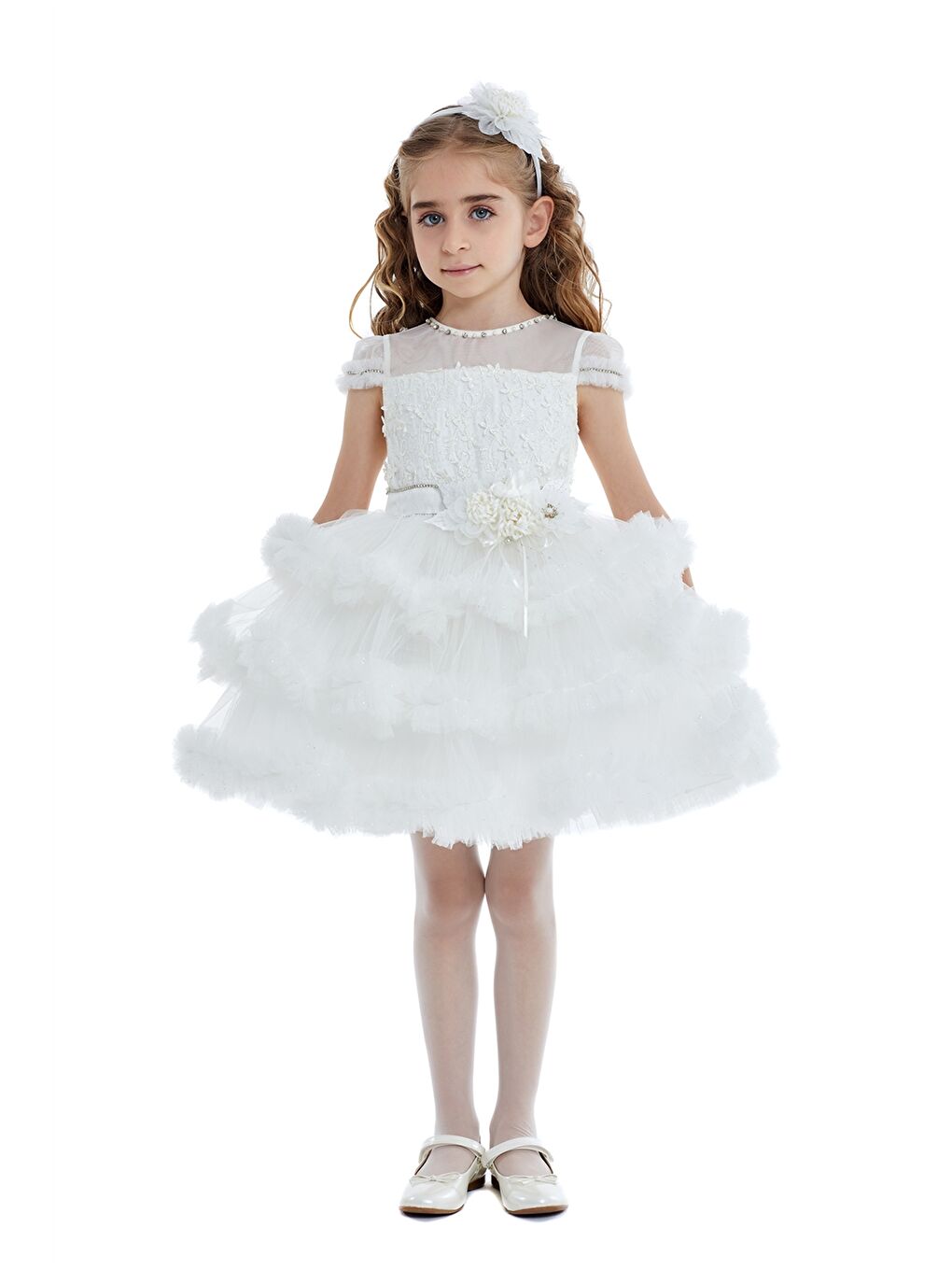 Ekru Bisiklet Yaka Kısa Kollu Tül Detaylı Kız Bebek Elbise