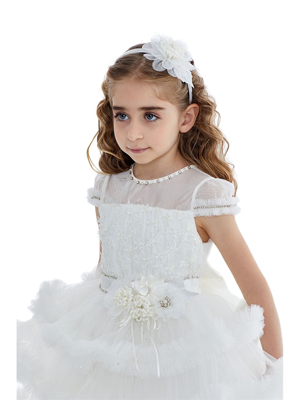 Ekru Bisiklet Yaka Kısa Kollu Tül Detaylı Kız Bebek Elbise-1