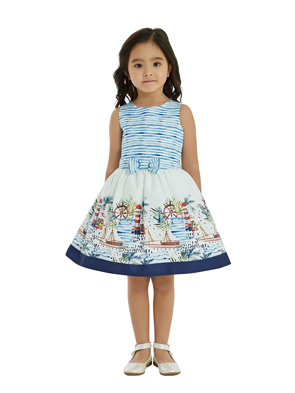 Lacivert Bisiklet Yaka Baskılı Kız Bebek Elbise