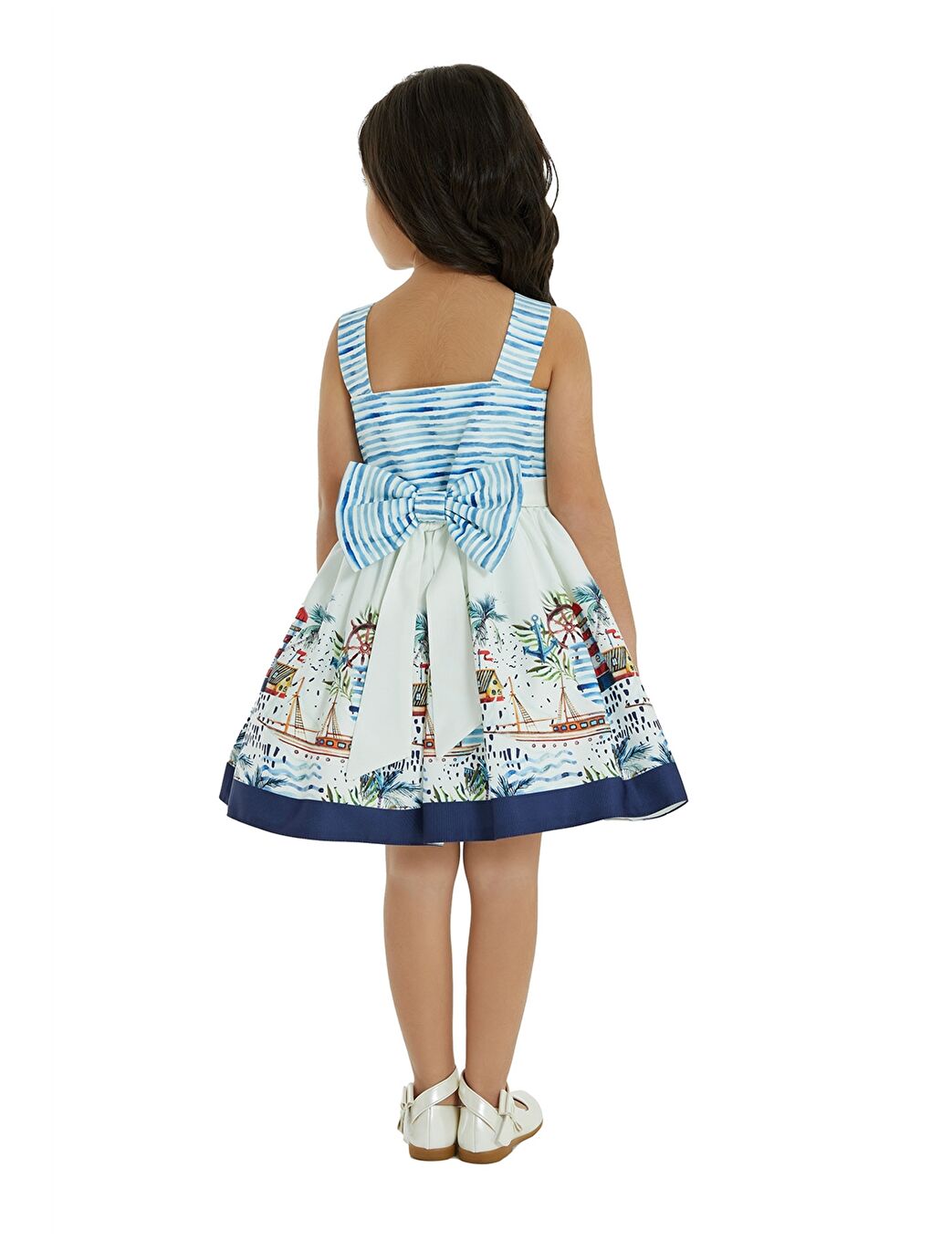 Lacivert Bisiklet Yaka Baskılı Kız Bebek Elbise-2