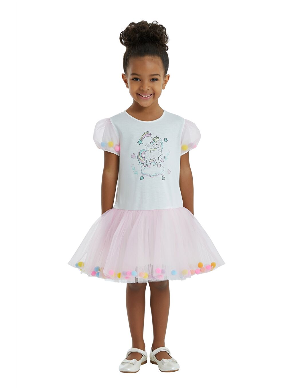 Pembe Bisiklet Yaka Kısa Kollu Baskılı Kız Bebek Elbise