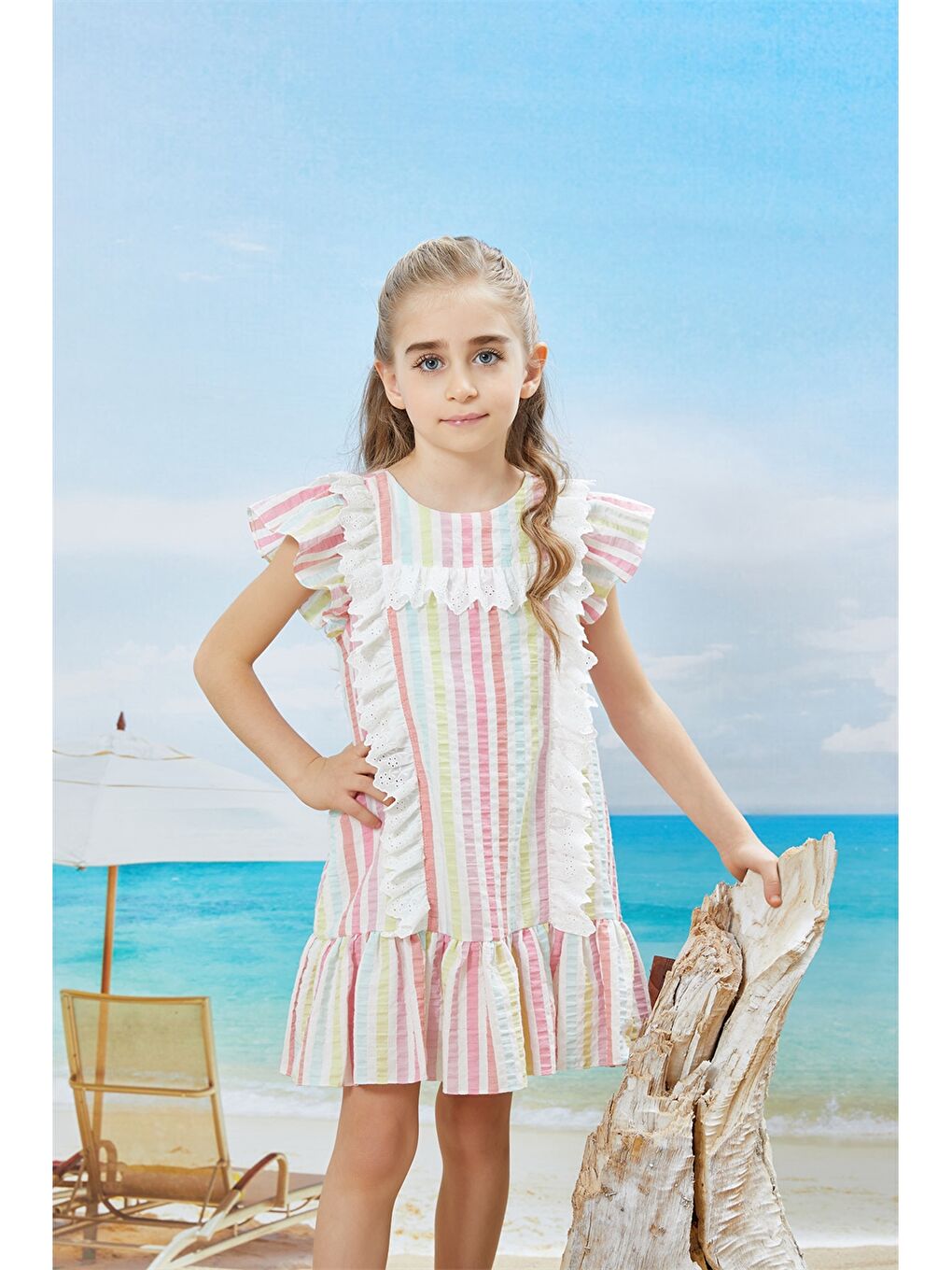Ekru Bisiklet Yaka Çizgili Kısa Kollu Kız Çocuk Elbise