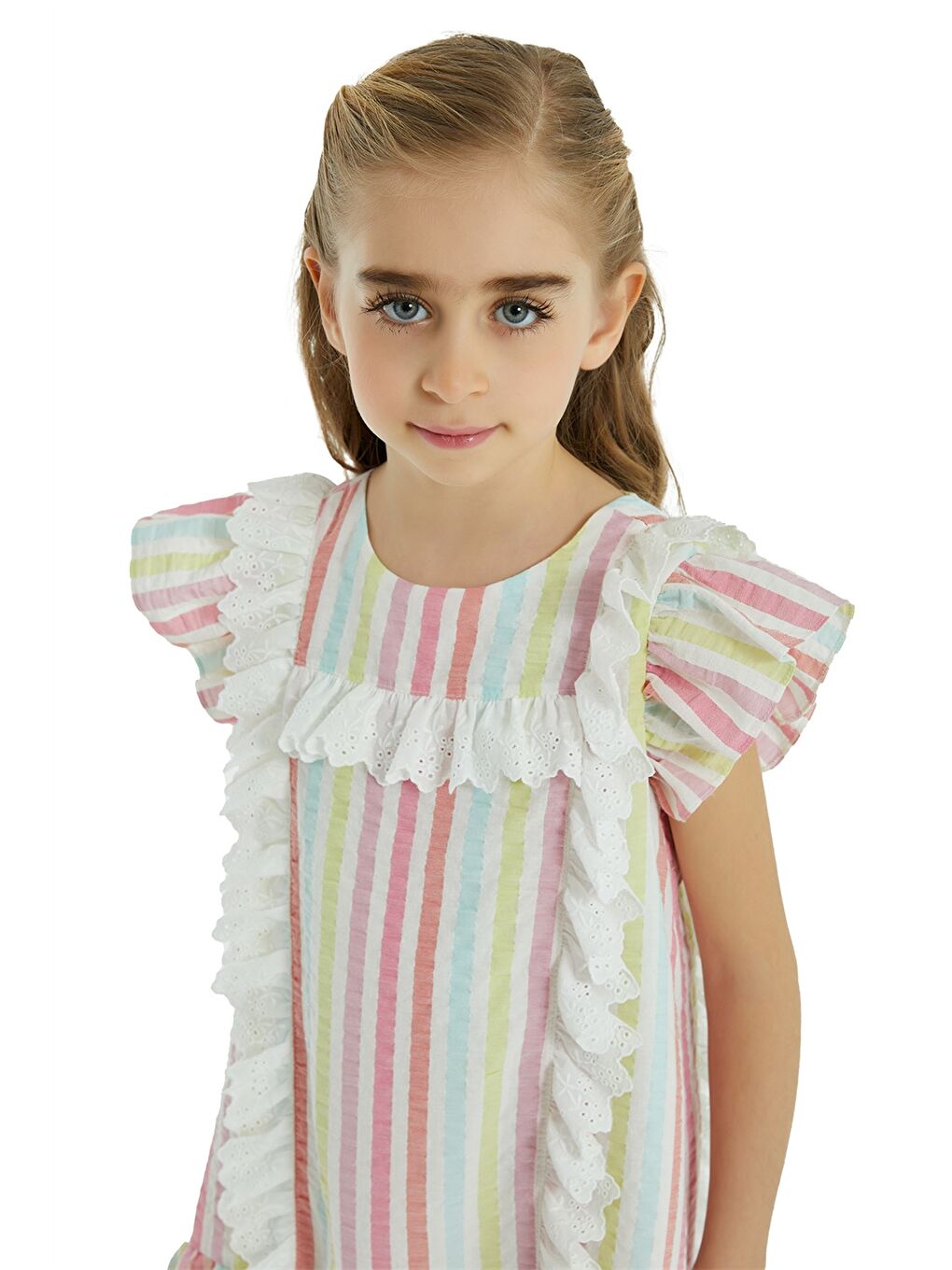 Ekru Bisiklet Yaka Çizgili Kısa Kollu Kız Çocuk Elbise-2