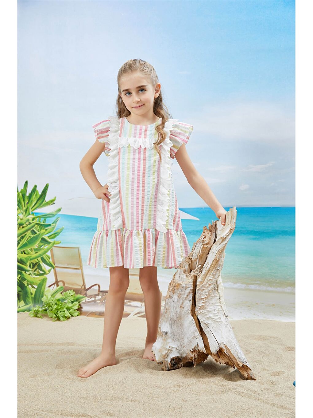 Ekru Bisiklet Yaka Çizgili Kısa Kollu Kız Çocuk Elbise-4