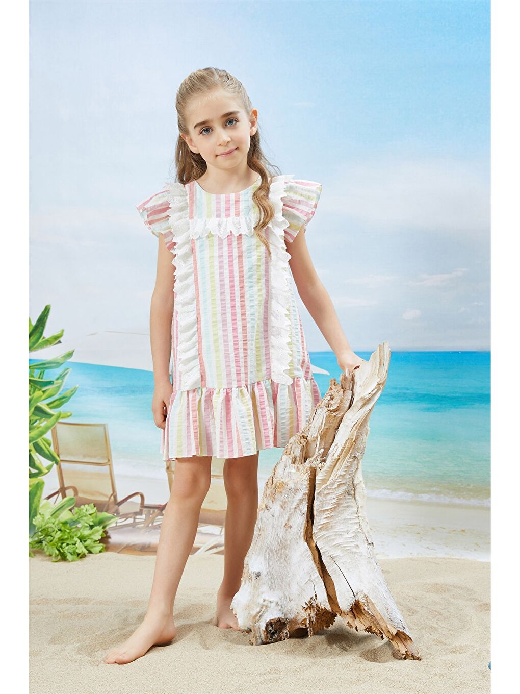 Ekru Bisiklet Yaka Çizgili Kısa Kollu Kız Çocuk Elbise-6