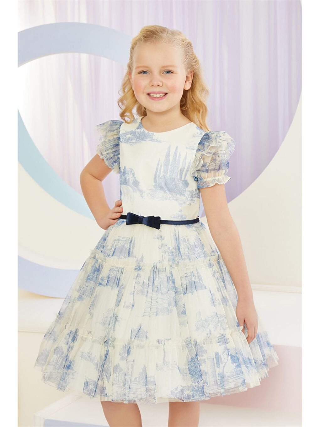 Mavi Bisiklet Yaka Desenli Kısa Kollu Kız Çocuk Elbise