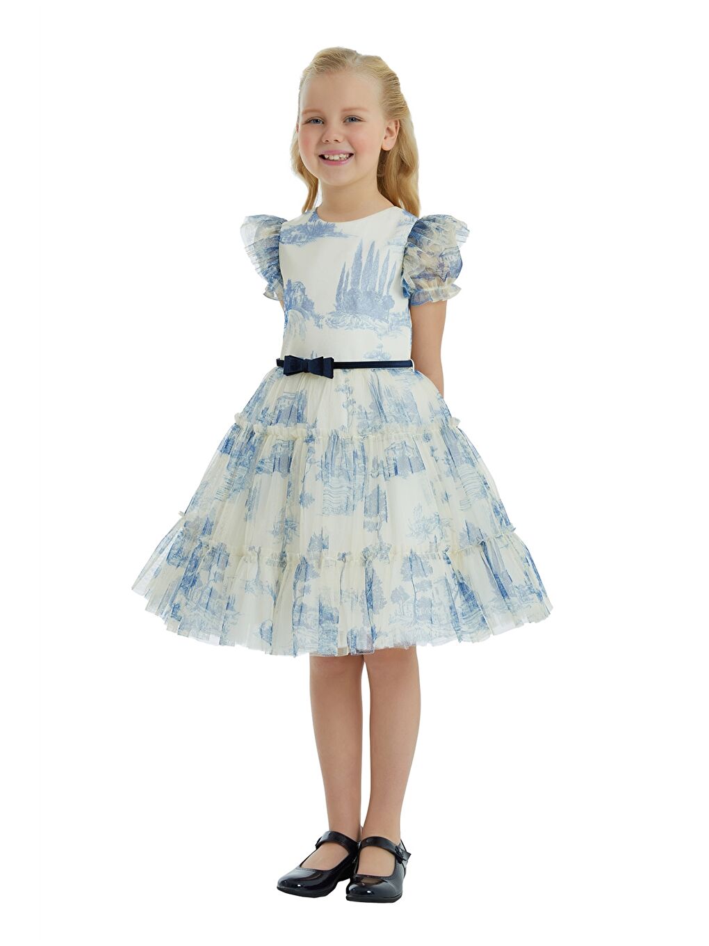 Mavi Bisiklet Yaka Desenli Kısa Kollu Kız Çocuk Elbise-1