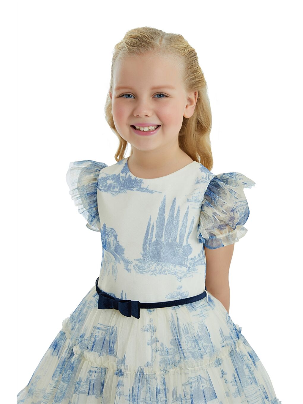 Mavi Bisiklet Yaka Desenli Kısa Kollu Kız Çocuk Elbise-2