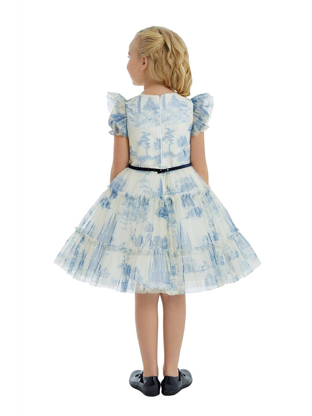 Mavi Bisiklet Yaka Desenli Kısa Kollu Kız Çocuk Elbise-3