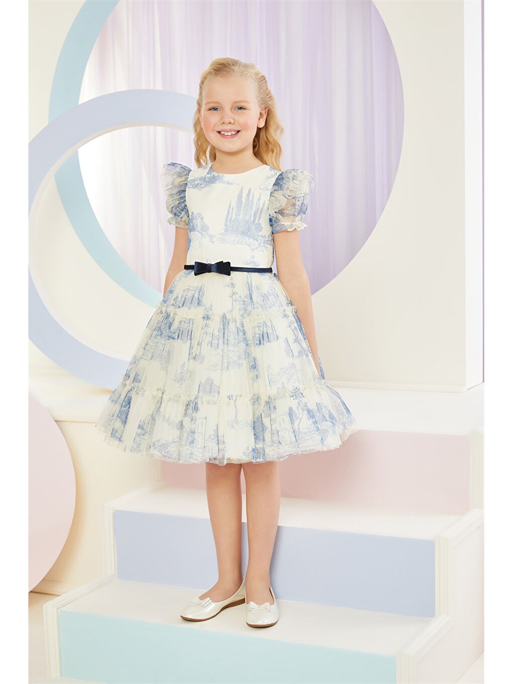 Mavi Bisiklet Yaka Desenli Kısa Kollu Kız Çocuk Elbise-4