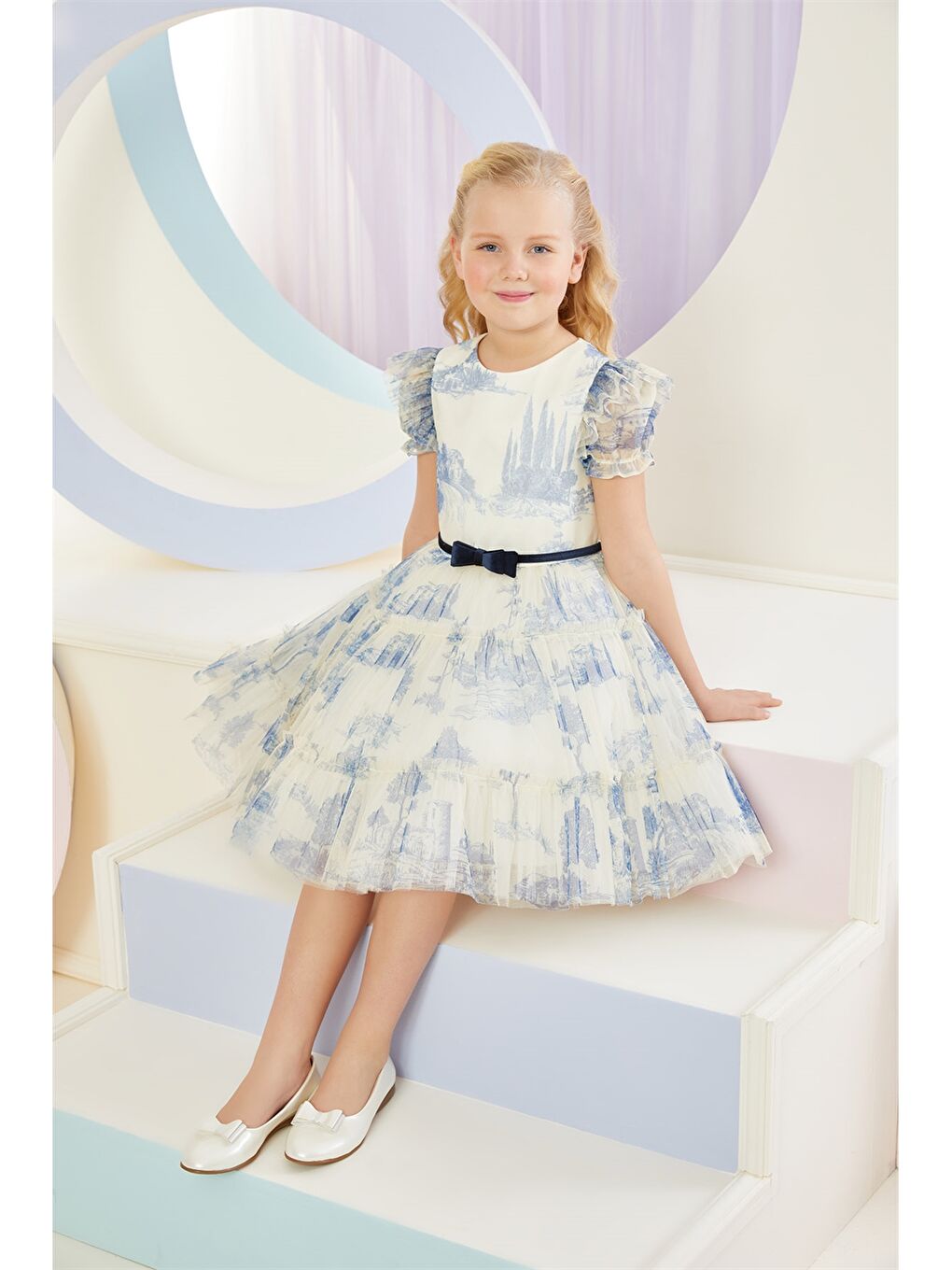 Mavi Bisiklet Yaka Desenli Kısa Kollu Kız Çocuk Elbise-5