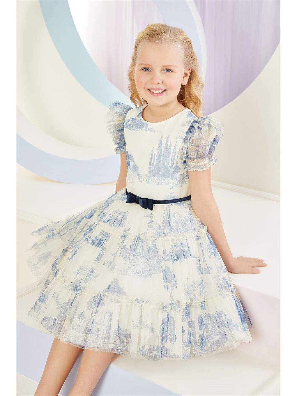 Mavi Bisiklet Yaka Desenli Kısa Kollu Kız Çocuk Elbise-7
