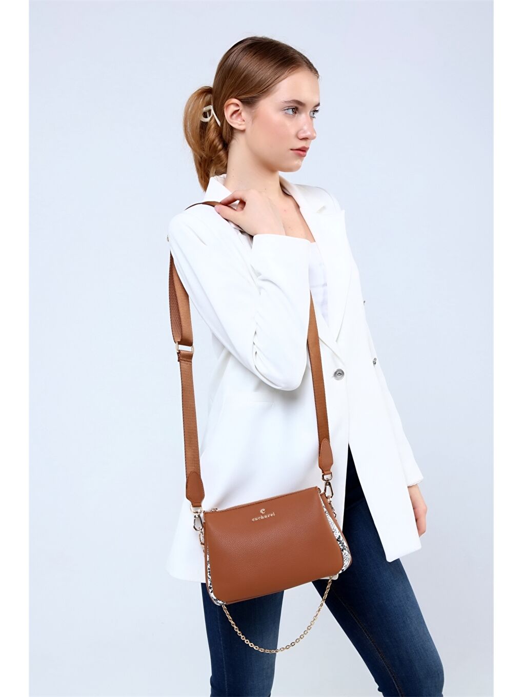 Kahverengi Yılan Derisi Detaylı Kadın Çapraz Çanta-1