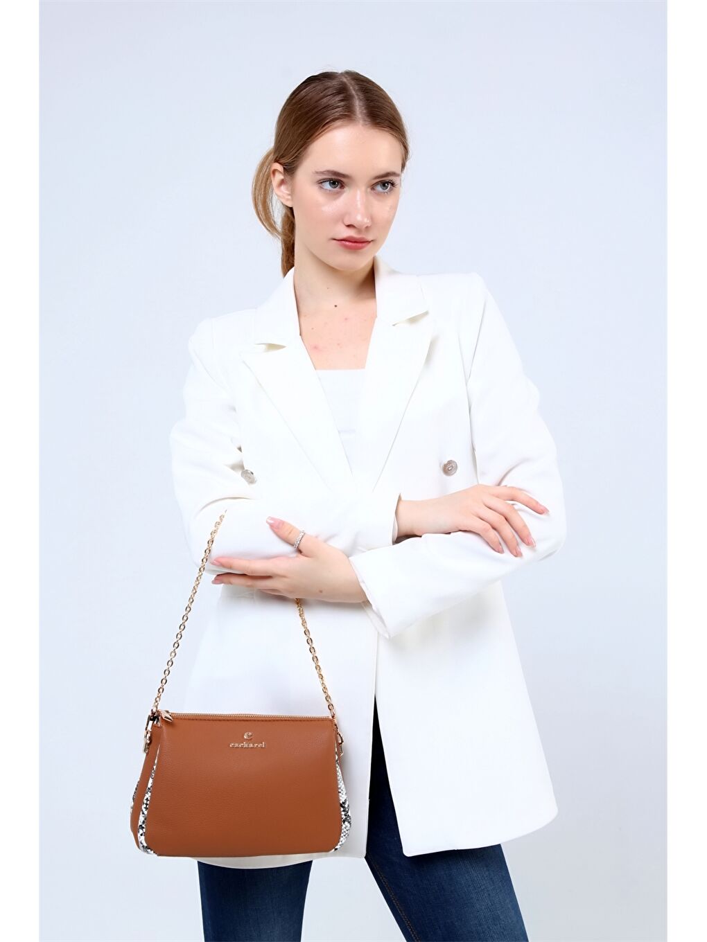 Kahverengi Yılan Derisi Detaylı Kadın Çapraz Çanta-7