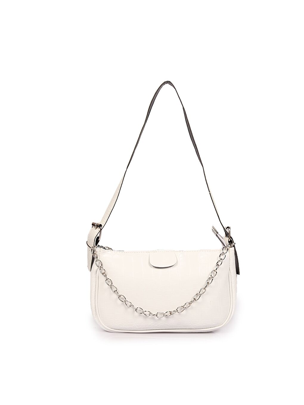 Beyaz Zincir Detaylı Kadın Baget Çanta-1