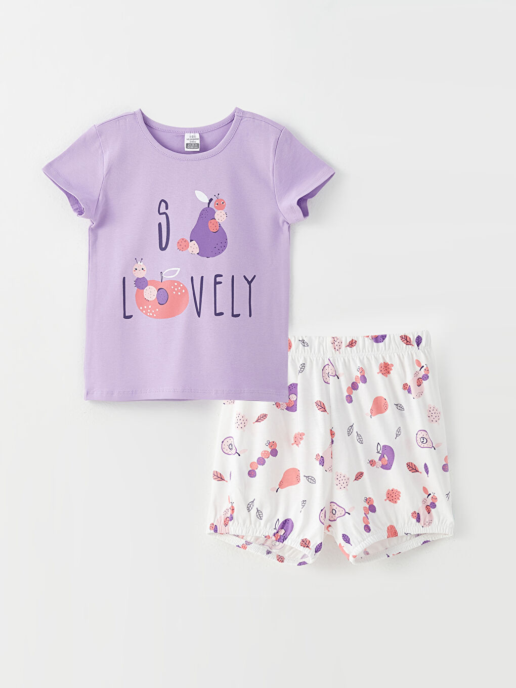 Lila Bisiklet Yaka Kısa Kollu Baskılı Kız Bebek Pijama Takım