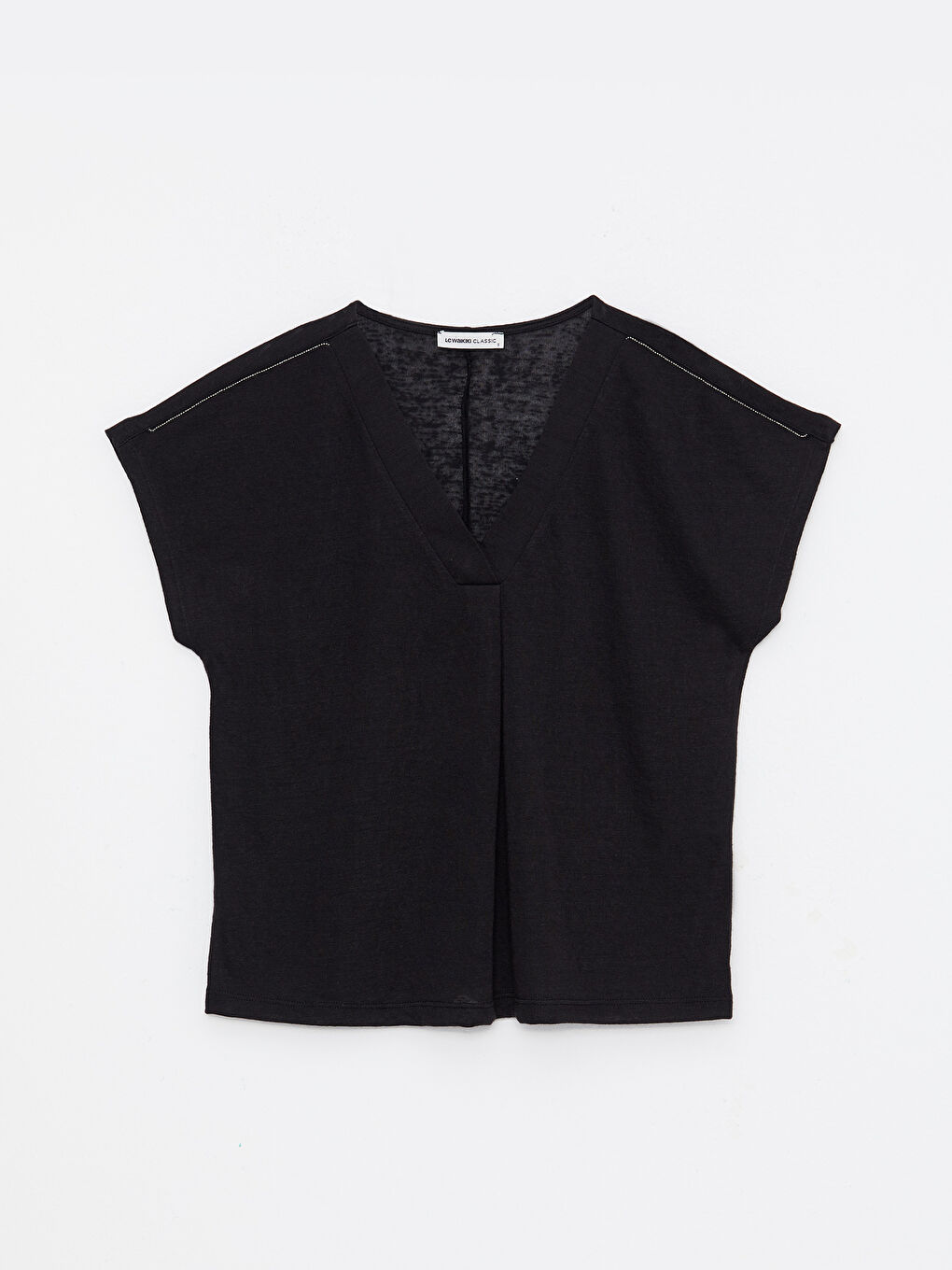Siyah V Yaka Düz Kısa Kollu Kadın Tişört-5