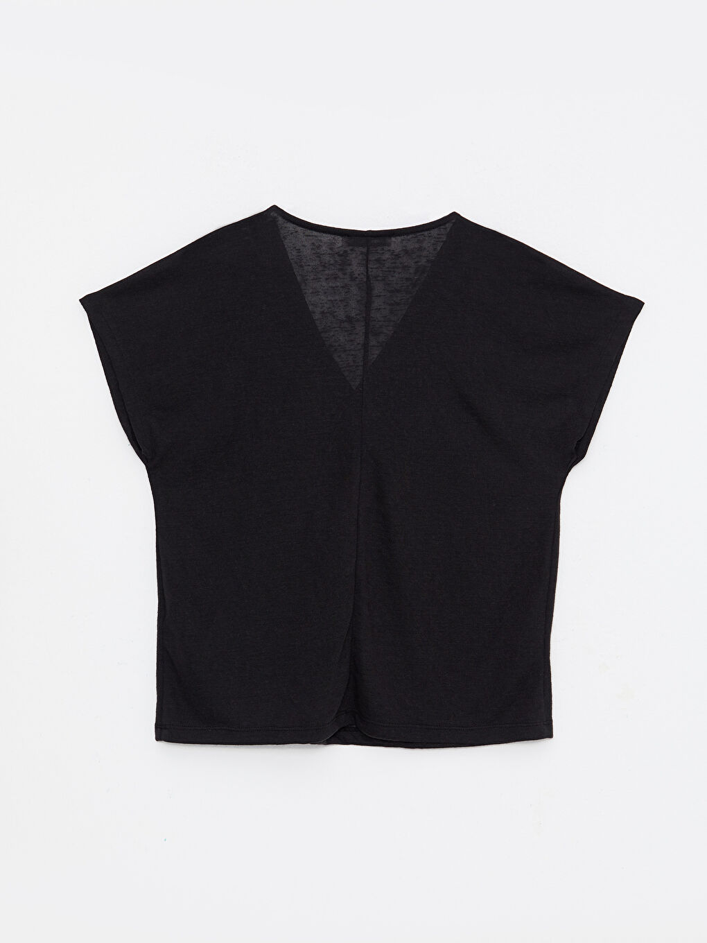 Siyah V Yaka Düz Kısa Kollu Kadın Tişört-6