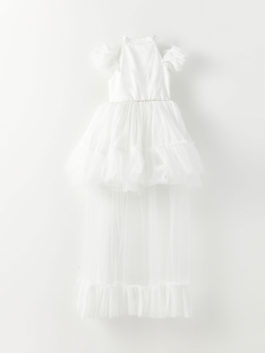 Beyaz Halter Yaka Kısa Kollu Tül Detaylı Kız Çocuk Elbise