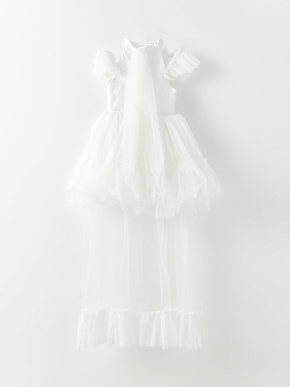 Beyaz Halter Yaka Kısa Kollu Tül Detaylı Kız Çocuk Elbise-1