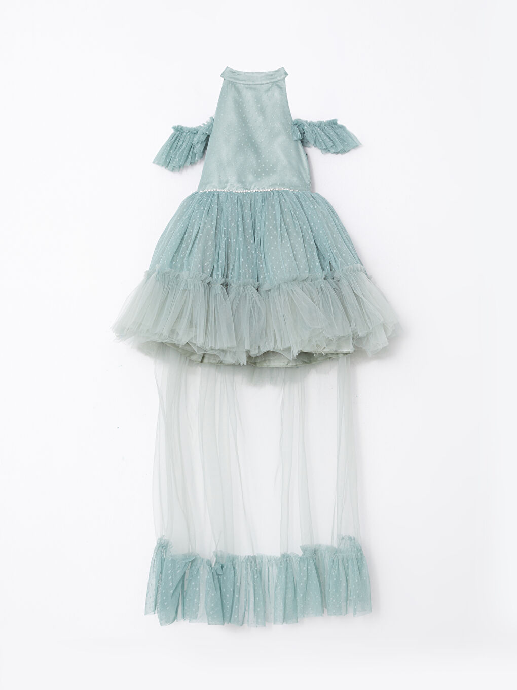 Yeşil Halter Yaka Kısa Kollu Tül Detaylı Kız Çocuk Elbise