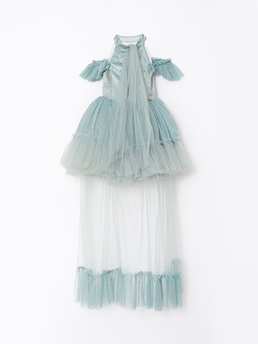 Yeşil Halter Yaka Kısa Kollu Tül Detaylı Kız Çocuk Elbise-1