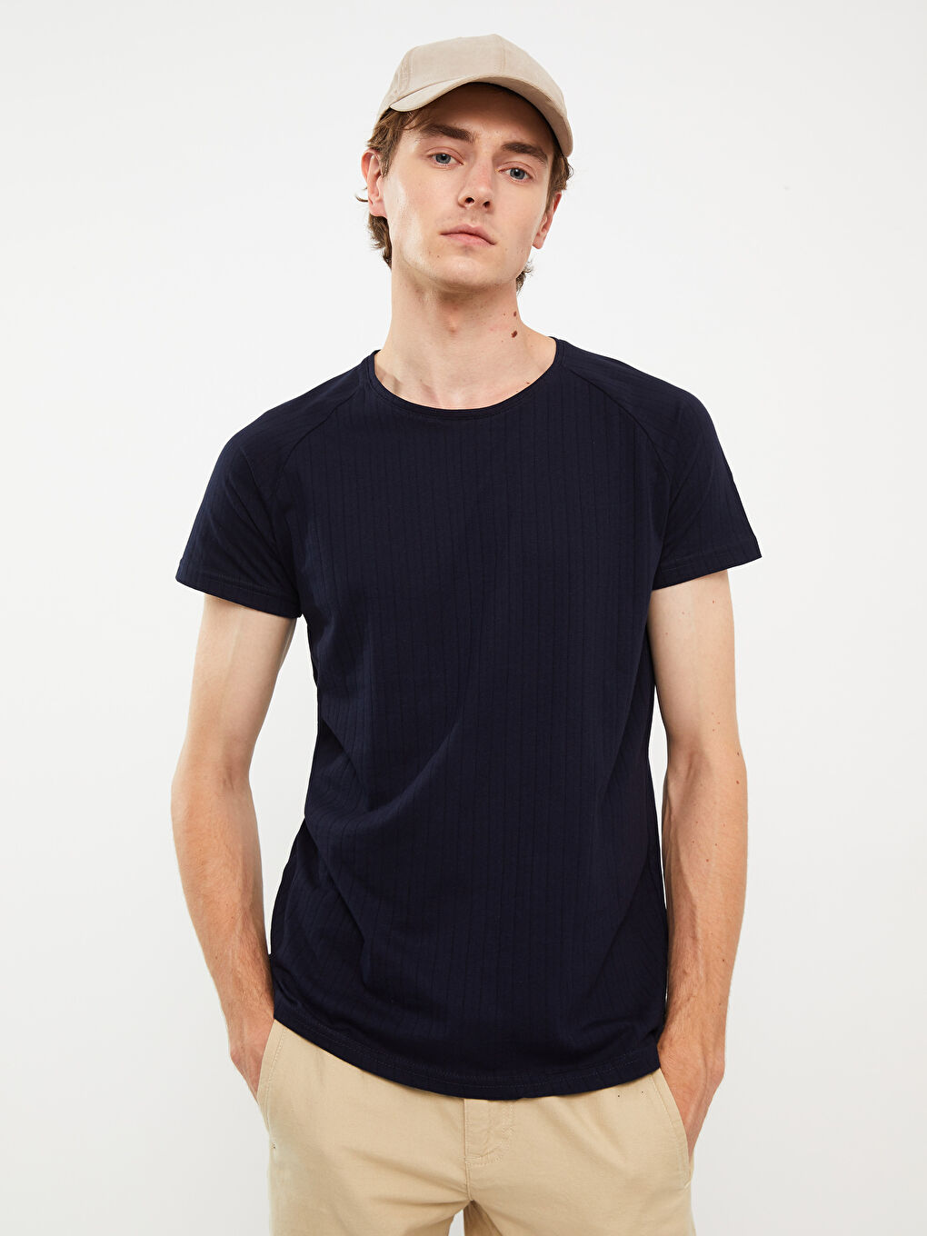 Lacivert Bisiklet Yaka Kısa Kollu Çizgili Erkek Tişört