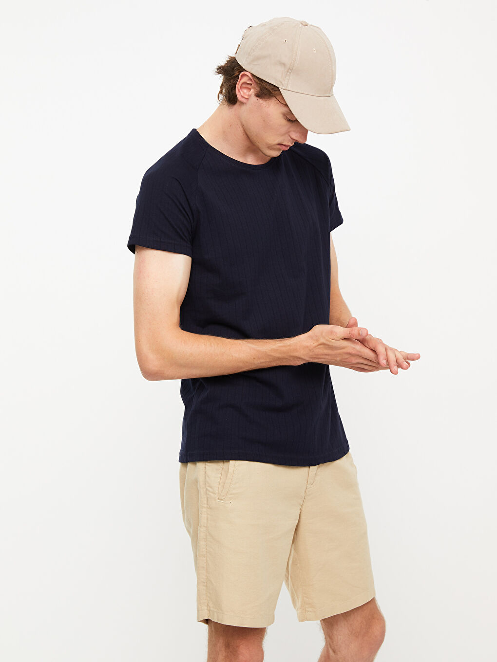 Lacivert Bisiklet Yaka Kısa Kollu Çizgili Erkek Tişört-1