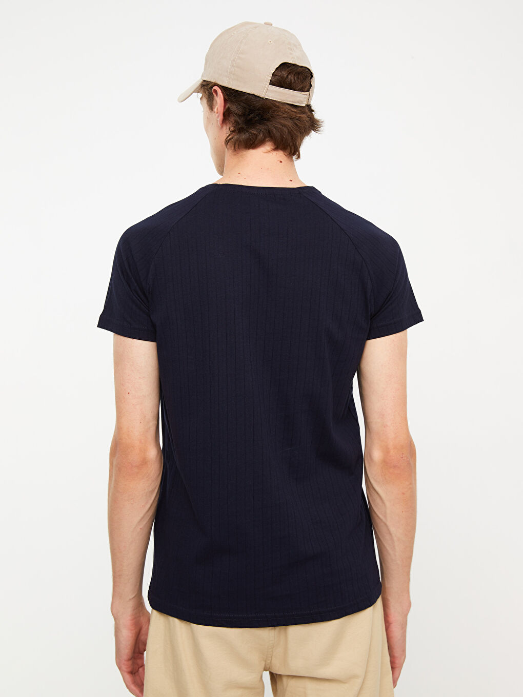 Lacivert Bisiklet Yaka Kısa Kollu Çizgili Erkek Tişört-4