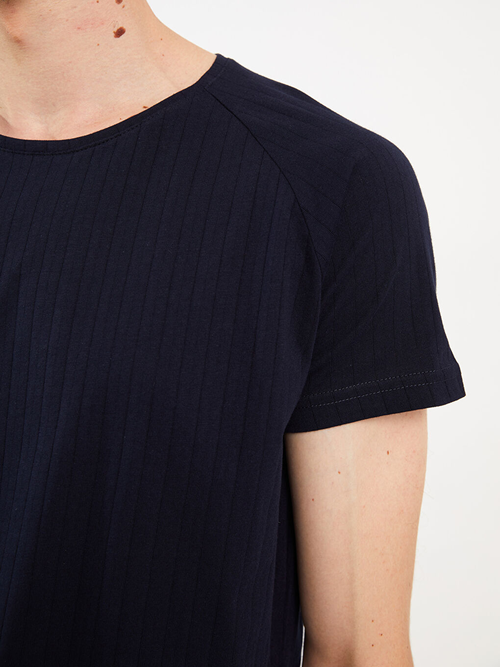 Lacivert Bisiklet Yaka Kısa Kollu Çizgili Erkek Tişört-3